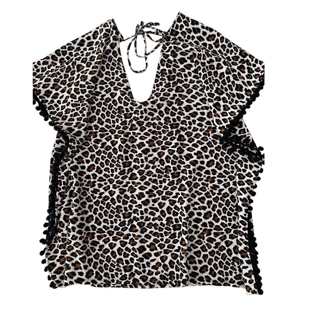 Xhilaration‎ Leopard Print Swim Cover Up Top Pom Pom Trim Back Tie Womens Small